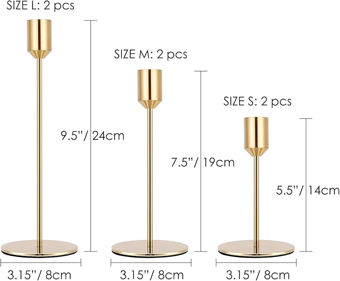 Gold Candle Holders Candlestick Holder for Taper Candles, Set of 6 Pcs Decorations Candle Stick Long Holder for Table Centerpieces, Wedding, Dinning, Anniversary, Party(Candles not Include)
