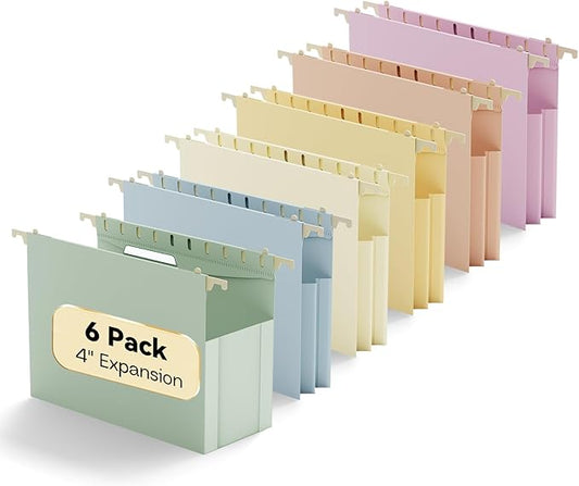 Extra Capacity Plastic Hanging File Folders Letter Size,6 Pack Heavy Duty 4" Expansion for Bulky Files,Pastel Color Hanging Folders with Tabs,Filing Cabinet Organizer for Office Home School
