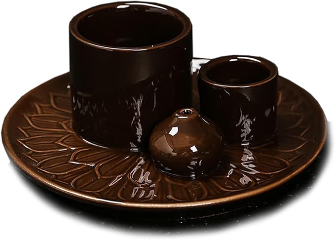 4 in 1 Multifunctional Ceramic Incense and Candle Holder with Ash Catcher Tray Suit for Burning White Sage, Palo Santo Sticks (Dark Brown)