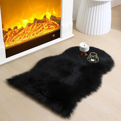 Faux Fur Small Rug 2 x 3 ft Black Shaggy Sheepskin Machine Washable Fuzzy Area Rug Super Soft Fluffy Plush Carpet for Bedroom Living Room Floor Nursery Kids Room Bedside Rug