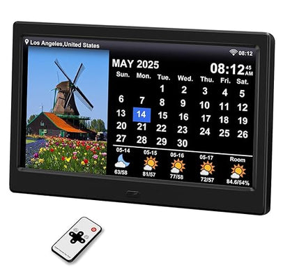 2025 Digital Clock with Auto Time Sync, Weather Forecast, Perpetual Calendar, Photo Frame, Temperature/Humidity Sensor & Custom Alarms - Large Display (Black, 10.1 inch)