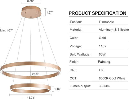 MADEM Modern LED Chandelier 2-Ring Circular Dimmable Pendant Light Contempoary Chanderlier Flush Mount Pendant Lighting for Living Room Dining Room, Bedroom,3000K-6000K, Gold, 60W