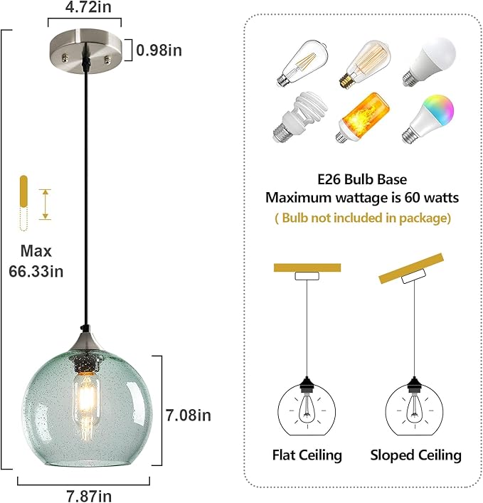 Light Green Glass Pendant Lights Kitchen Island Lighting Globe Pendant Light Fixtures Modern Pendant Lighting for Bedroom Living Dining Room Light Fixture (7.87 in, 1 Pack)