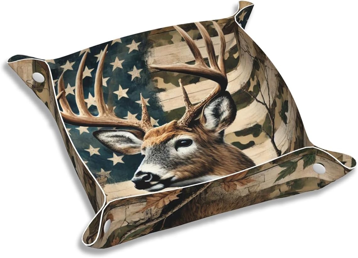 Valet Tray for Men Husband Boyfriend Boys – Catchall Bedside Vanity Tray, Nightstand Caddy Leather Holder for Keys, Phone, Wallet, Coins, Trinkets & Jewelry Camo Leaf Deer American Flag 001