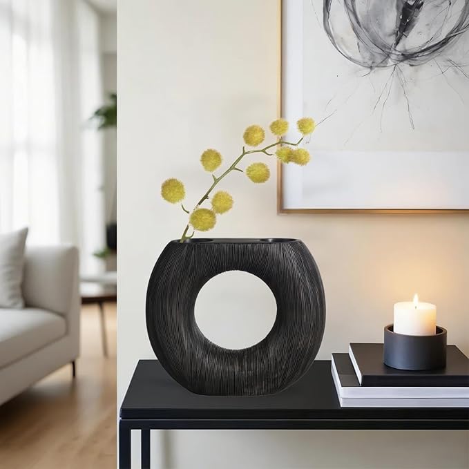 Torre & Tagus Black Donut Vase for Flowers - 9 Inch Tall Textured Vases for Centerpieces with 2 Openings, Sculptures Home Decor & Abstract Sculptures Home Decor for Shelf Decor Aesthetic (Alma)