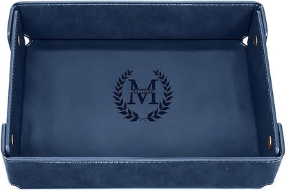 Engraved Leather Valet Tray for Men – Personalized Catchall with Custom Name for Desk, Dresser, Nightstand – Men's Organizer Tray for Keys, Wallet, Jewelry, Personalized Gift for Home, Office - Blue