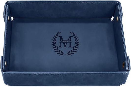 Engraved Leather Valet Tray for Men – Personalized Catchall with Custom Name for Desk, Dresser, Nightstand – Men's Organizer Tray for Keys, Wallet, Jewelry, Personalized Gift for Home, Office - Blue