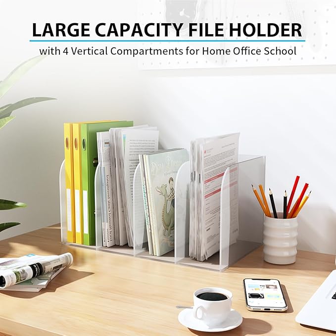 Jumyee Acrylic Magazine File Holder, Vertical Desk File Organizer Sorter with 4 Compartments, Clear Mail Organizer Office Organization Storage Binder Holder for Desk, Magazine, Books