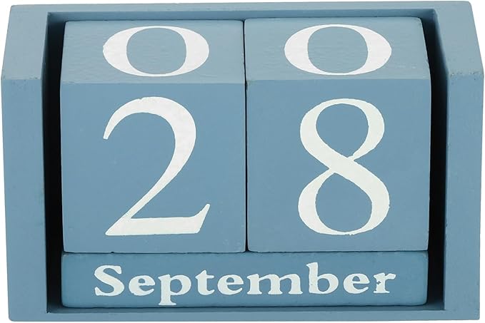 PATIKIL Vintage Wood Block Perpetual Calendar, Reusable Wooden Month Date Display Blocks for Desk Office Home Decoration 3.7", Blue