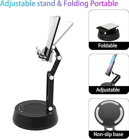 Cell Phone Stand with Wireless Bluetooth Speaker,Adjustable Height and Angle Foldable Cell Phone Stand Holder Bluetooth Speaker for Desk, Phone Stand Compatible with 4.7"-13" Smartphones (Grey)