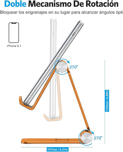 OMOTON Foldable Cell Phone Stand, C4 Portable Aluminum Phone Holder, Adjustable Phone Dock Cradle Compatible with iPhone 17/16/15 Pro Max Air, Samsung Galaxy, Small Tablets, Smart Phones, Orange