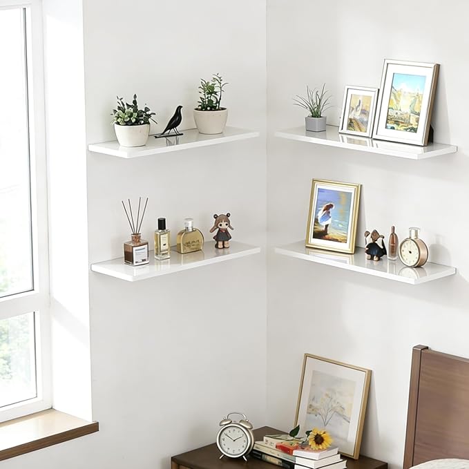 Acrylic Shelves for Bathroom Storage, 12" Floating Shelves Wall Organizer for Perfume, Make up, Skincare, Kids Bookshelf for Bedroom, Nursery, Living Room Decor, White, 2 Pack