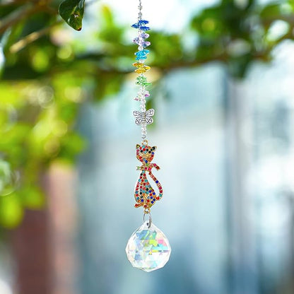 Rhinestones Suncatchers Crystal Cat Shaped Window Hang Pendant, Rainbow Crystal Prisms Ornament Car Sun Catcher Gift for Lady Women Mother