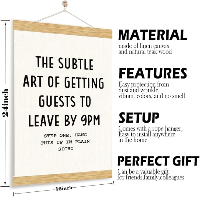 YGSDZY Funny Canvas Poster, The Subtle Art of Greeting Guests to Leave By 9 pm, Decorative Hanging Poster, Funny Kitchen Decor, Living Room Decors, Housewarming Decors, 11.8 * 15.7