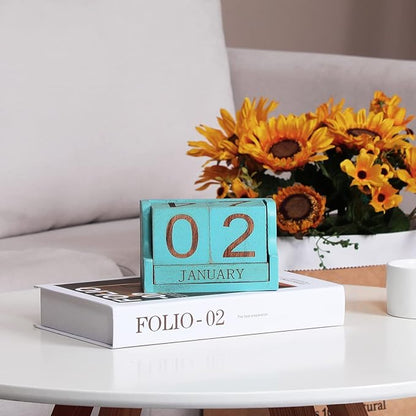 Wooden Desk Calendar,Desk Calendar Blocks for Teachers,Office Perpetual Date Block Small Home Desktop Decor Chic Vintage Month with Number Cubes Display Rustic Decoration(Ocean Blue)