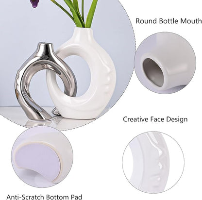 LCCCK White and Silver Ceramic Vases for Home Decor, Boho Vase for Flowers Pampas Grass Decorative, White Silver Hollow Donut Small Vase for Living Room Table Wedding Centerpiece Modern Vases