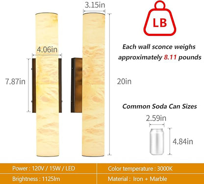 LMQNINE Natural Alabaster Wall Sconces Spanish Marble Wall Light Cylinder Modern Black LED Sconce for Living Room Bedroom Bathroom Stairs（S-1Pack）