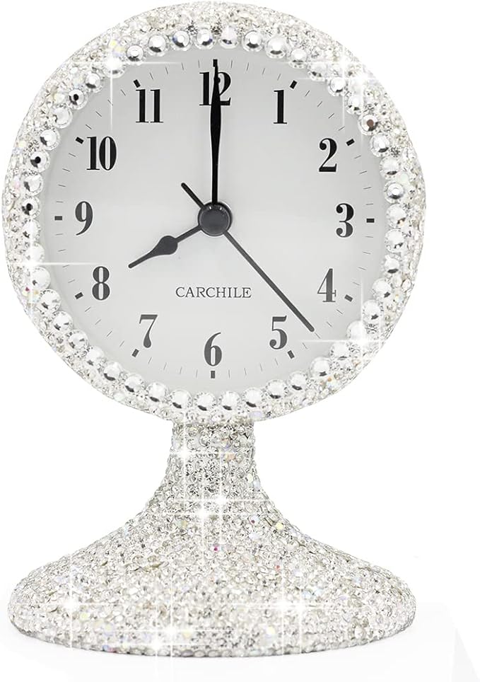 Luxury Rhinestone Small Alarm Desk Table Clock Morning Call Handmade Fashion Design for Bedroom Houseroom Living Room Cute As Gift AR (Silver)