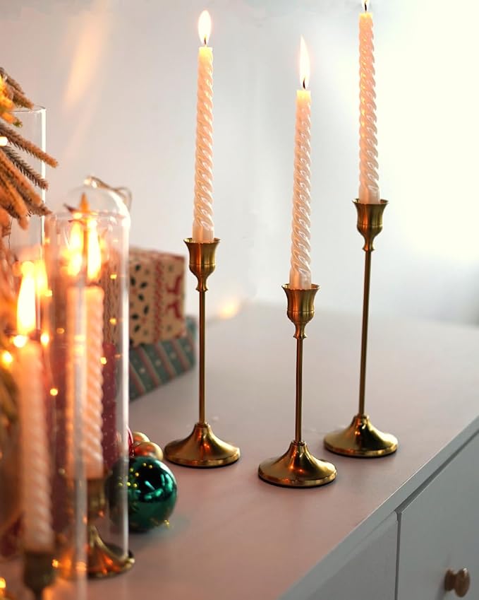 Willceka Gold Candlestick Holders, Taper Candle Holders, Set of 6 Brass Candle Holder Set, Vintage Table Centerpiece for Wedding Christmas Holiday