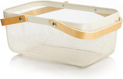 IBWell Square Metal Wire Woven Fruit Storage Bowl Basket with Wooden Handle, Large Black Mesh Fruit Stand, Multi-function Hanging Kitchen Baskets (White, Extended)