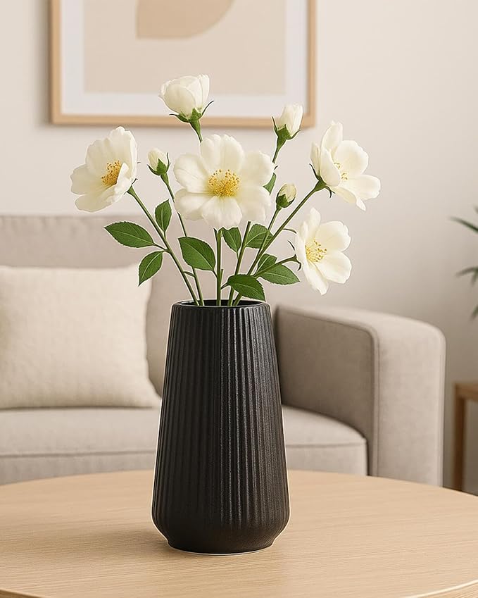 Matte Black Ceramic Vase – Frosted Elegant Flower Vase for Pampas Grass, Dried or Fresh Flowers, Modern Minimalist Farmhouse Home Decor for Living Room, Dining Table, Wedding Centerpiece