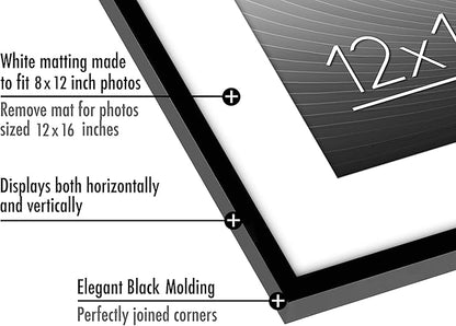 Americanflat 12x16 Picture Frame with Polished Plexiglass - Use as 8x12 Frame with Mat or Display 12x16 Photo Without Mat - Streamline Collection - Thin Border Picture Frames for Wall - Black