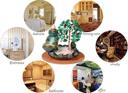 Malachite Waterfall Incense Burner, Money Tree Backflow Incense Holder Healing Crystal Stone, with 30 Backflow Incense Cones + 30 Incense Stick for Yoga Meditation Home Zen Decoration