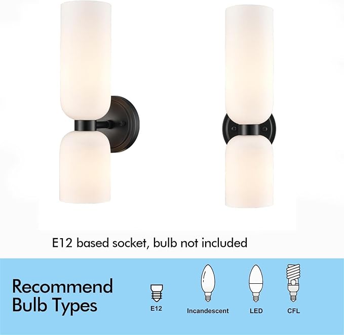Black Wall Sconces Set of Two 2-Light Modern Wall Light Bathroom Vanity Light,Milky White Glass