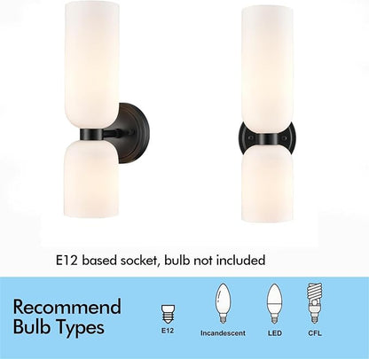 Black Wall Sconces Set of Two 2-Light Modern Wall Light Bathroom Vanity Light,Milky White Glass
