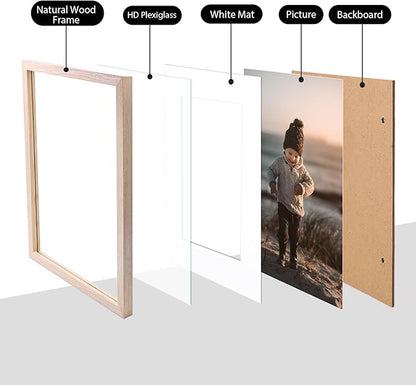 KINLINK 10x12 Picture Frame Natural, Solid Wood Frames with Acrylic Plexiglass for Pictures 7x9 with Mat or 10x12 without Mat, Tabletop and Wall Display Photo Frame, Set of 4