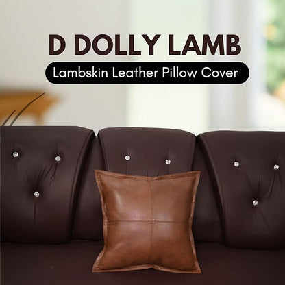 D DOLLY LAMB Lambskin Leather Pillow Cover - Sofa Cushion Case - Decorative Throw Covers for Living Room & Bedroom, 14x14 Inches - Dark Antique Brown Box
