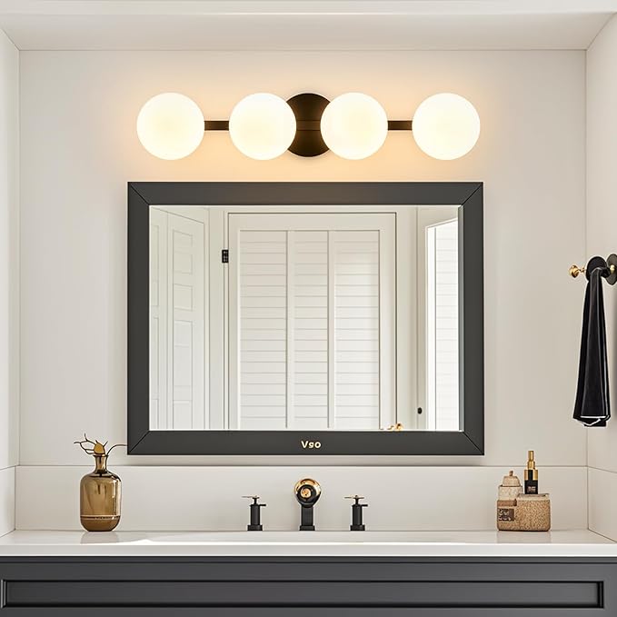 Bathroom Vanity Mirror Light Fixtures: 4 Lights Bath Wall Sconce Lighting - Black Vanity Lights with Milk Glass Shade - Modern Minimalist Makeup Light Fixture above Mirror for Hallway Bedroom E26 Base