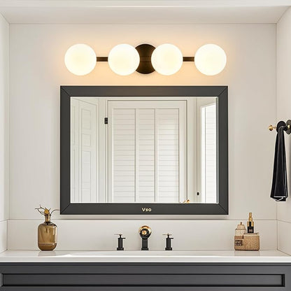 Bathroom Vanity Mirror Light Fixtures: 4 Lights Bath Wall Sconce Lighting - Black Vanity Lights with Milk Glass Shade - Modern Minimalist Makeup Light Fixture above Mirror for Hallway Bedroom E26 Base
