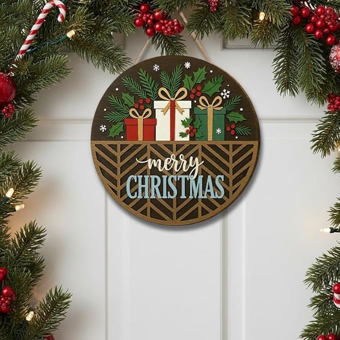 Merry Christmas Round Wooden Door Sign, Holiday Entry Wall Hanging, Charming Winter Porch Decoration, Warm Seasonal Home Accent Display, Perfect For Families And Friends Doorsign_281125_SR6_14