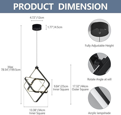 Modern LED Pendant Lights Plated Black Rectangular Pendant Light Fixtures 4000K 35W Dimmable Pendant Lighting for Dining Room Kitchen Island Bedroom Living Room Foyer（3-Ring）