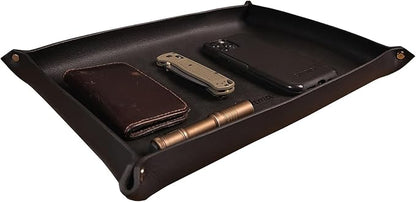 Valet Tray – Full-Grain Leather Catchall Organizer for Keys, Phone & Wallet – Rustic Nightstand & Desk Tray with Raised Sides – Handmade in USA (Black, Large Rectangle)