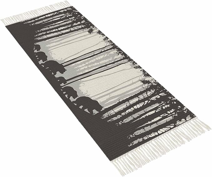Rustic Bear Runner Rug 2X4 Ft Entryway Outdoor Indoor Mat, Washable Woven Forest Animal Rustic Cabin Throw Carpet with Tassel, Non-Shedding Farmhouse Vintage Nature Scenery Art Hallway Bath Mats