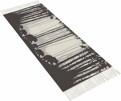 Rustic Bear Runner Rug 2X4 Ft Entryway Outdoor Indoor Mat, Washable Woven Forest Animal Rustic Cabin Throw Carpet with Tassel, Non-Shedding Farmhouse Vintage Nature Scenery Art Hallway Bath Mats