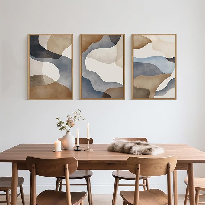 Large Abstract Watercolor Block Framed Canvas Wall Art,Colorful Neutral Geometric Wall Decor,Beige Blue and Brown Artwork,Modern Minimalist Line Art Print for Living Room,Bedroom- 16"x24"x3