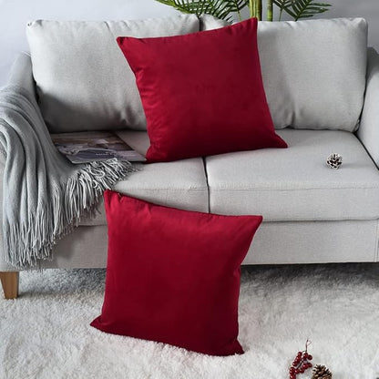 Comfortable Throw Pillow Covers for Bedding, Decorative Accent Cushion Sham Cases for Couch Sofa, Soft Solid Velvet with Zipper Hidden - 24"x24", Deep Red