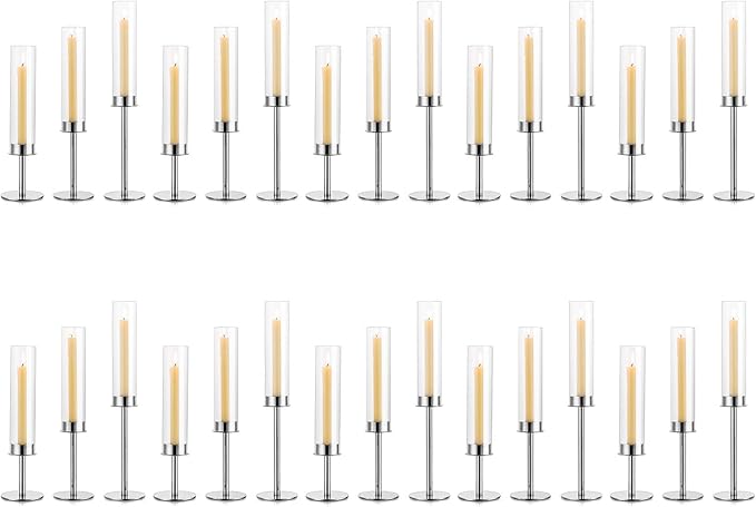 Silver Candle Holders for Candlesticks - Taper Candle Holders with Removable Glass, Tall Silver Candlestick Holders, Candle Stand Candle Sticks Long Holder for Table Centerpiece, Home, 30Pcs