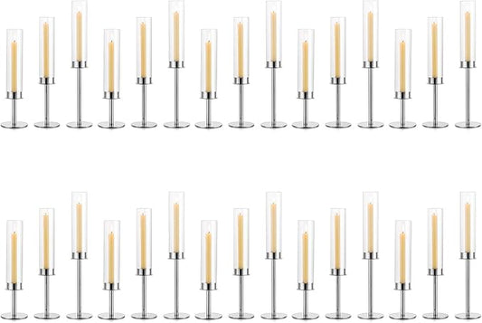 Silver Candle Holders for Candlesticks - Taper Candle Holders with Removable Glass, Tall Silver Candlestick Holders, Candle Stand Candle Sticks Long Holder for Table Centerpiece, Home, 30Pcs