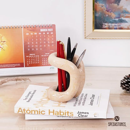 Marble Pen Holder For Desk 4 Inch Beige Stone Pen Organizer & Pencil Holder for Desk Accessories & Workspace Organizers - Stationary Holders for Gifts & Office Decor