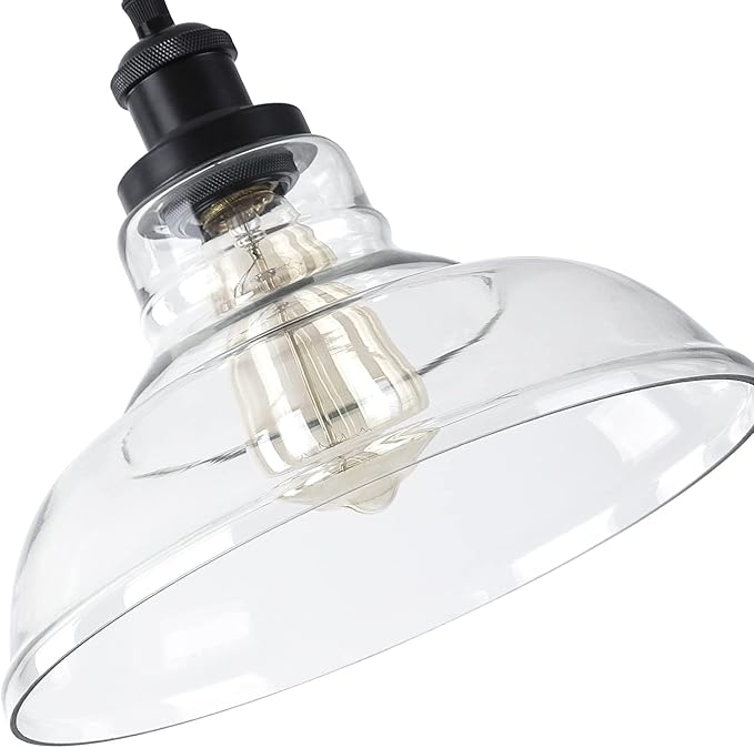 3 Packs Industrial Pendant Lights, Vintage Hanging Light Over Table, Clear Dome Glass Lampshade, Black Lamp Head and Base, Adjustable Hanging Height Lighting Fixtures