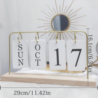 Wooden Perpetual Calendar for Desk, Metal Wood Month Date Display for Teachers, Students, Classroom, Rustic Farmhouse Office Decor, Desk Accessories (gold)