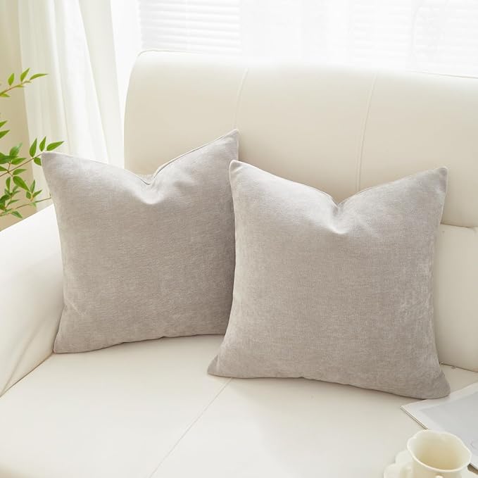 Sunday Praise Light Grey Throw Pillow Covers 18x18 Inch Set of 2 Soft Cozy Chenille Decorative Square Pillow Cases Farmhouse Accent Solid Neutral Cushion Covers for Couch Sofa Chair Bed Home Décor