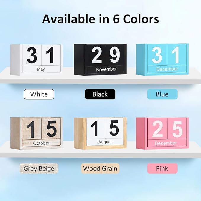 Wooden Block Calendar for Desk, Small Size Daily Desktop Perpetual Desk Calendar, Cute Date Display Desk Accessories for Home Office Decor, Teacher, Classroom, Reusable Yearly, Blue