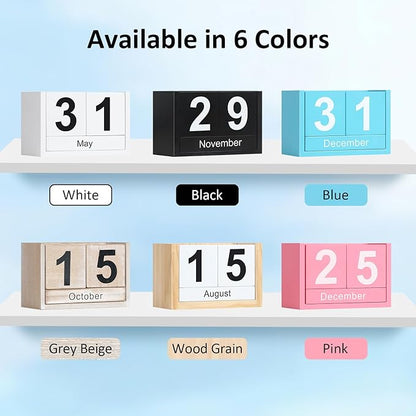 Wooden Block Calendar for Desk, Small Size Daily Desktop Perpetual Desk Calendar, Cute Date Display Desk Accessories for Home Office Decor, Teacher, Classroom, Reusable Yearly, Blue