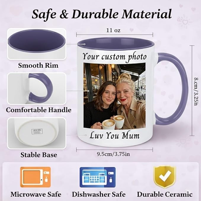 Personalized Coffee Mug Custom Photo Text Logo, Gifts for Mom from Daughter or Son, Durable Ceramic Coffee Cup for Grandma, Mothers Day Gift Idea, Best Gifts for Mom 11oz (Purple)