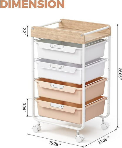Rolling Storage Utility Cart With 4 Drawers,Kids Craft Art Cart,Makeup Organizer And Storage with Wooden Tabletop,Pearl